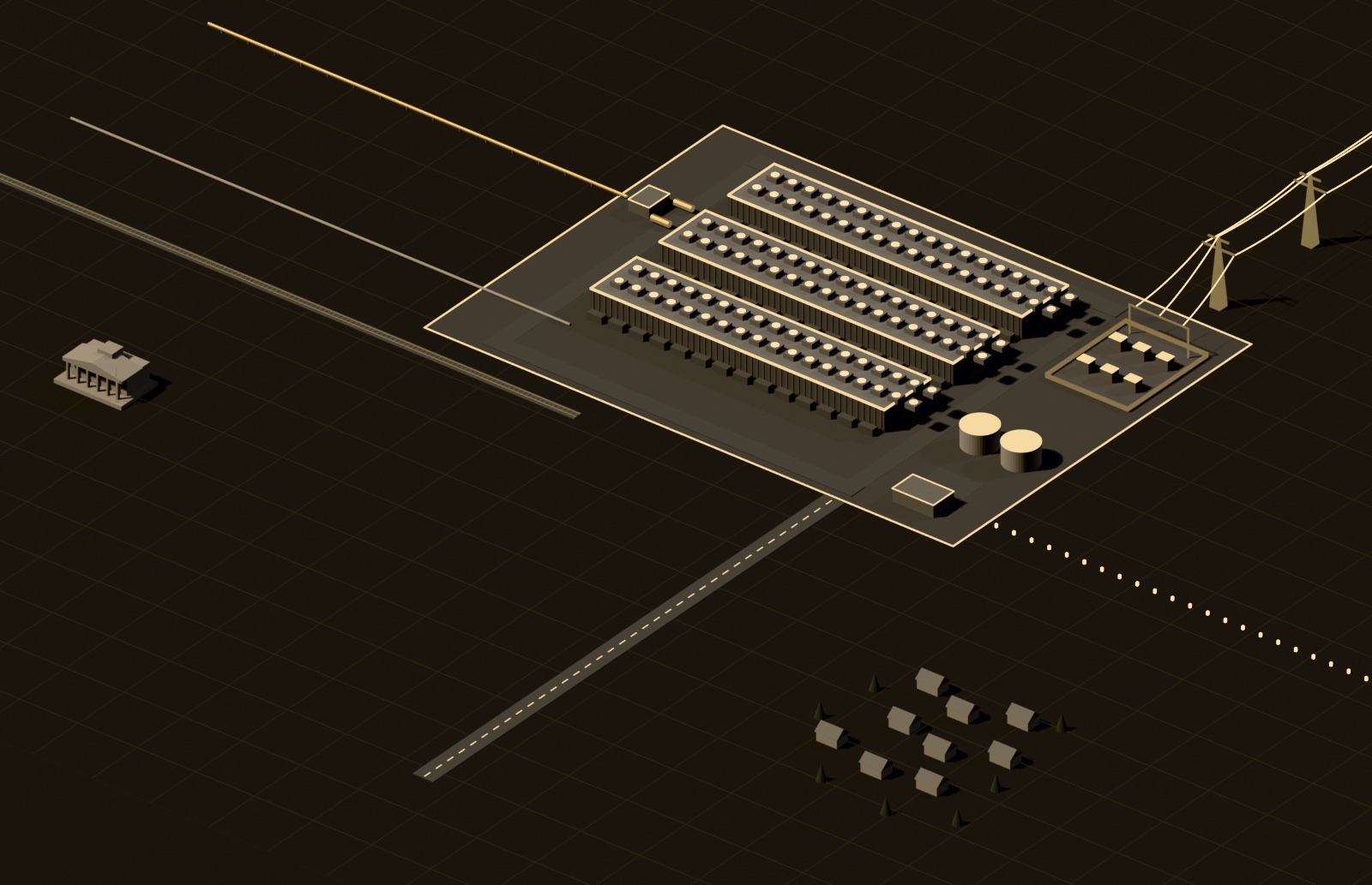 Rendered plan of a data center campus: three data halls with rooftop cooling and generator yards, a substation fed by transmission lines, natural gas, water, fiber, road and rail arriving from outside, with the host community and public authorities nearby.